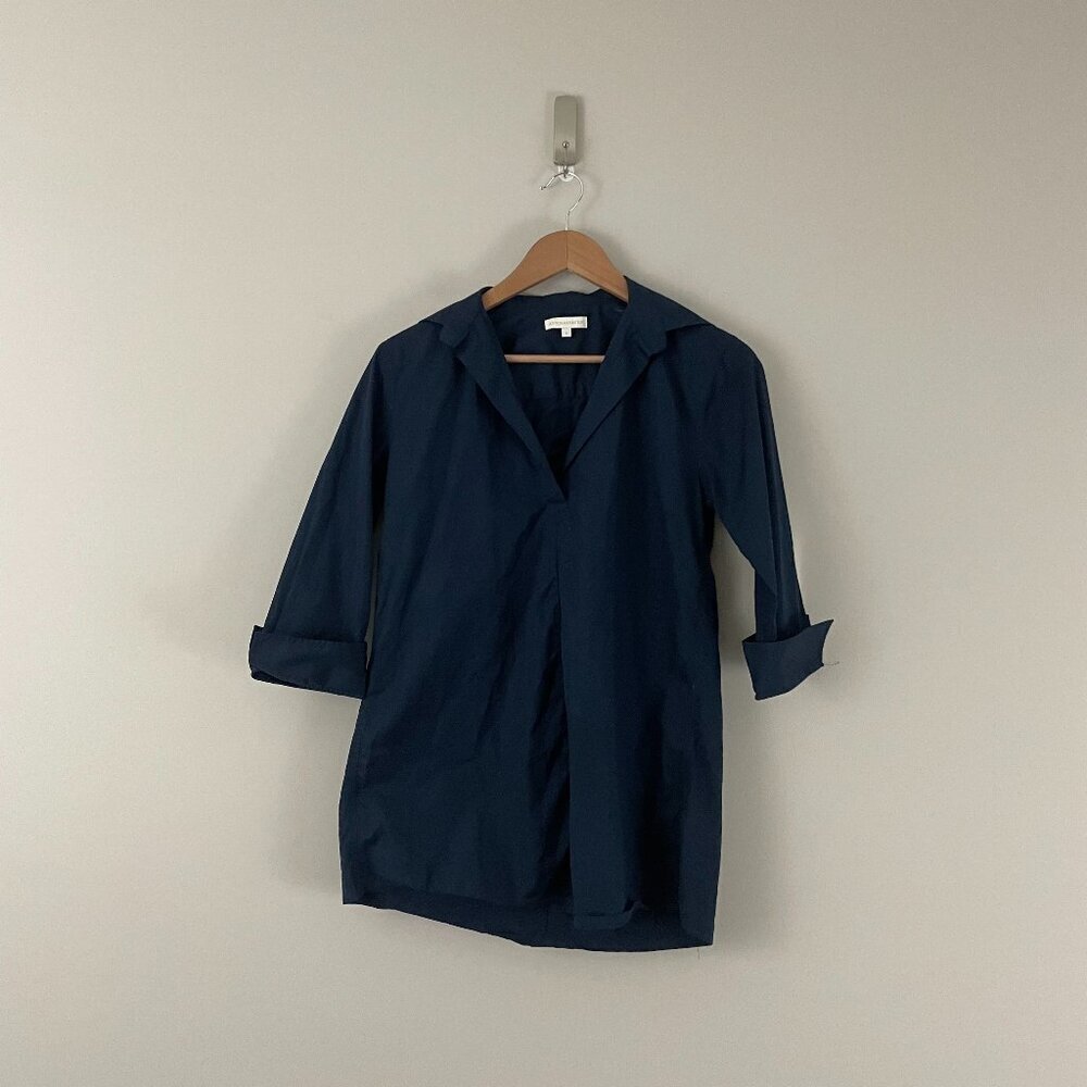 Ann Mashburn Navy Blue Cotton Poplin Popover Shirt Size Small